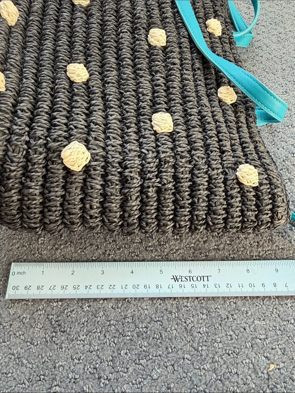 Talbots Black Woven Tote with Cream Dots and Turquoise Trim